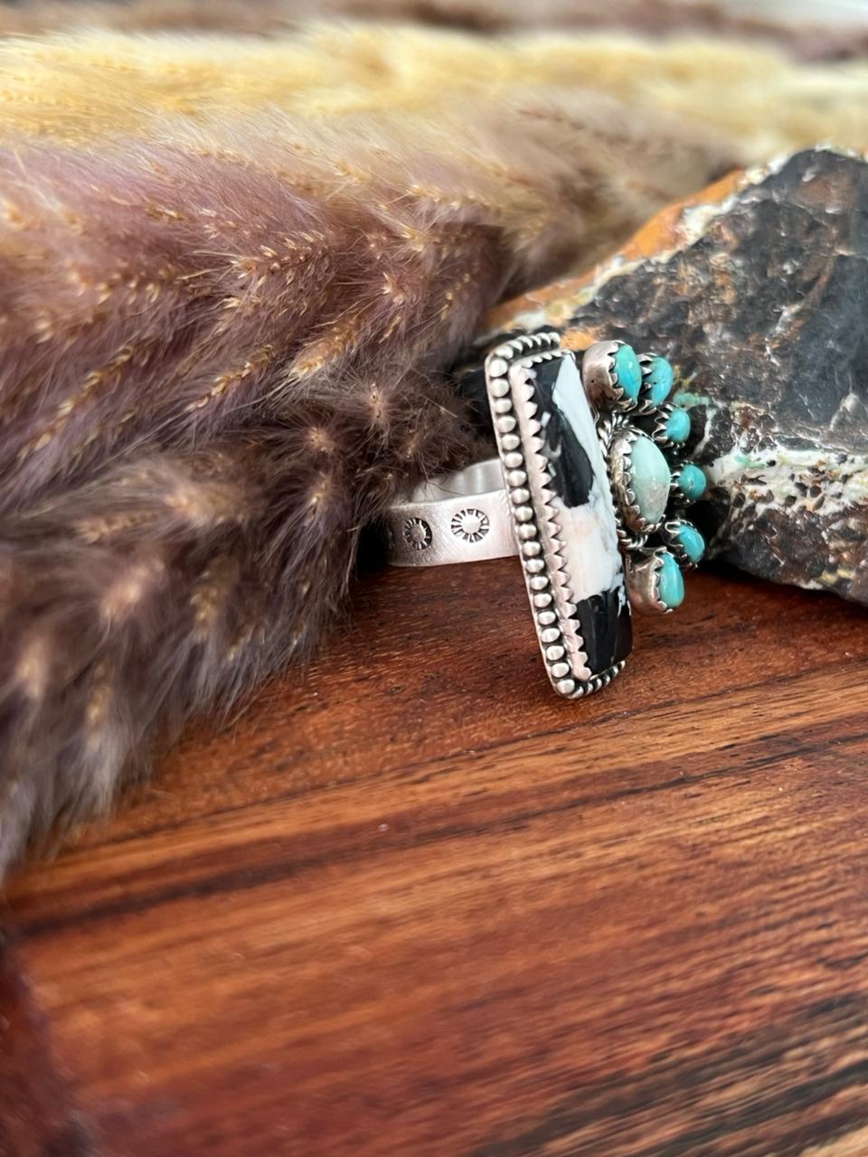 Handmade Sterling Silver Paloma with Kingman Turquoise and White Buffalo Adjustable Ring "Signed Nizhoni"