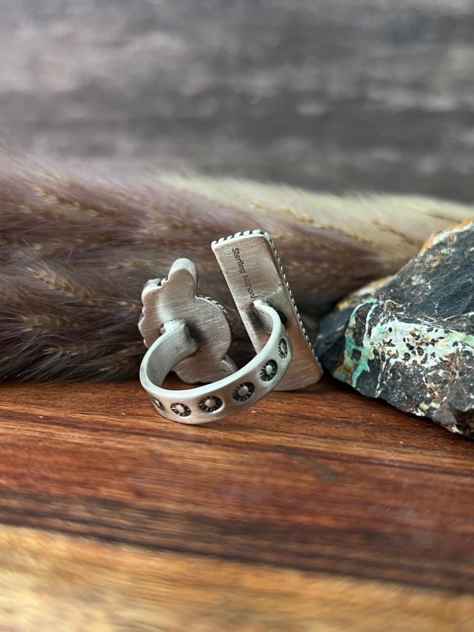 Handmade Sterling Silver Paloma with Kingman Turquoise and White Buffalo Adjustable Ring "Signed Nizhoni"