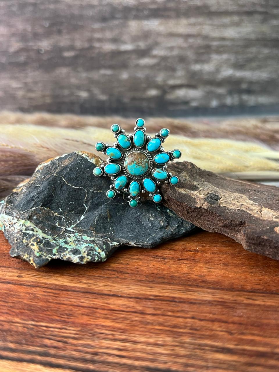 Handmade Sterling Silver Number 8 with Kingman Turquoise Adjustable Ring "Signed Nizhoni"