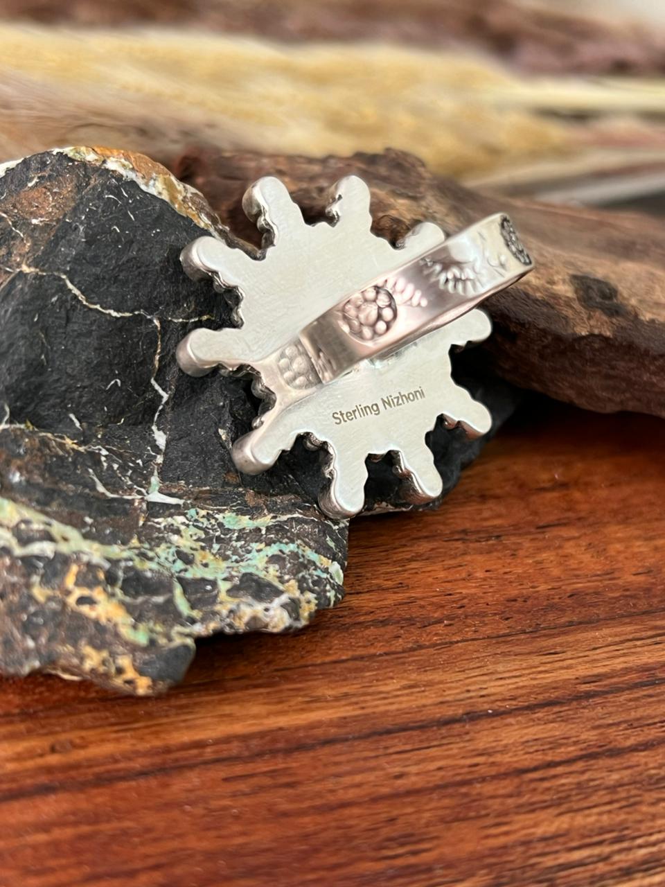 Handmade Sterling Silver Number 8 with Kingman Turquoise Adjustable Ring "Signed Nizhoni"