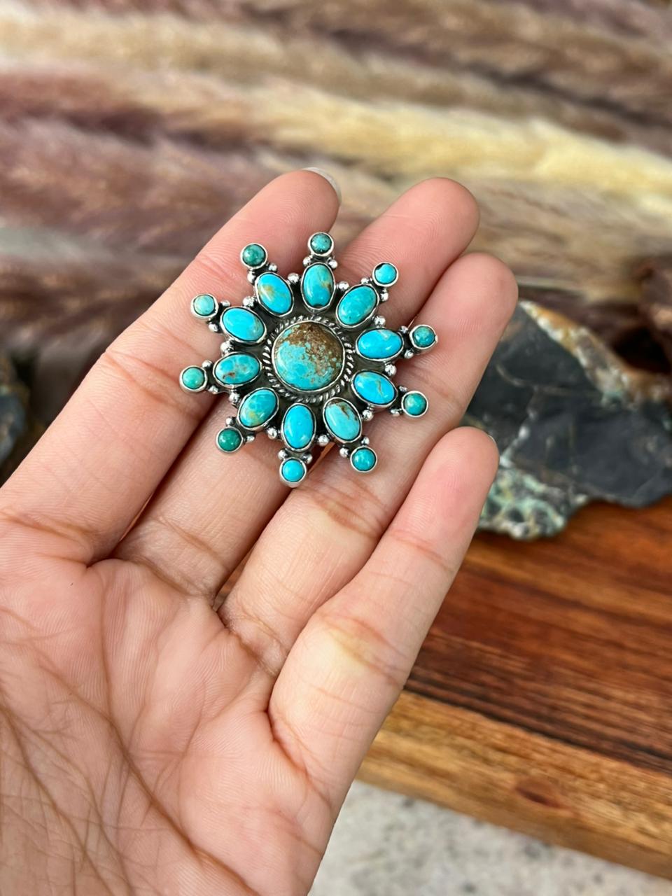 Handmade Sterling Silver Number 8 with Kingman Turquoise Adjustable Ring "Signed Nizhoni"
