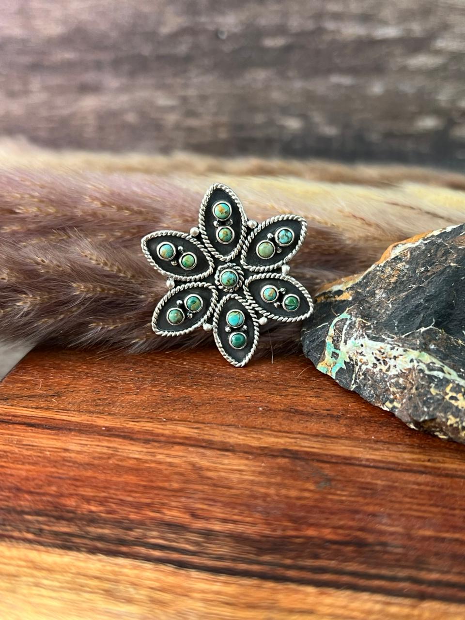 Handmade Sterling Silver Kingman Turquoise Adjustable Ring "Signed Nizhoni"