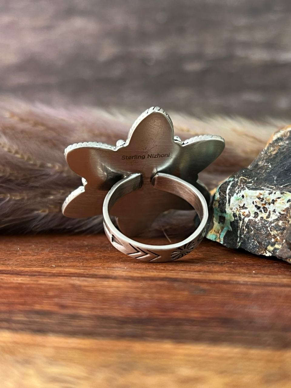 Handmade Sterling Silver Kingman Turquoise Adjustable Ring "Signed Nizhoni"