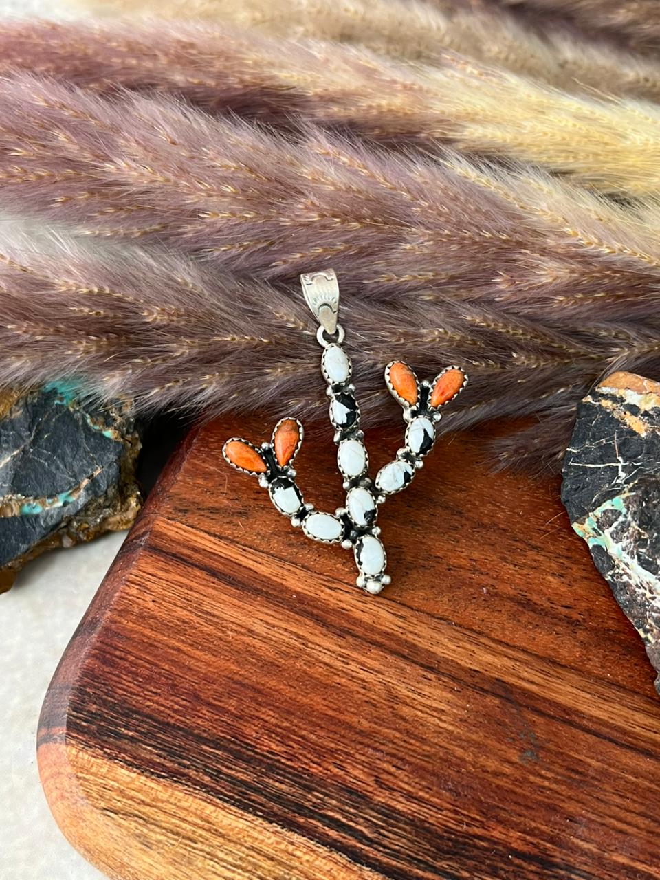 Handmade Sterling Silver Orange Mojave with White Buffalo Pendant "Signed Nizhoni"