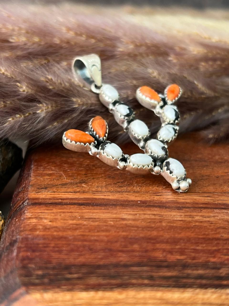 Handmade Sterling Silver Orange Mojave with White Buffalo Pendant "Signed Nizhoni"