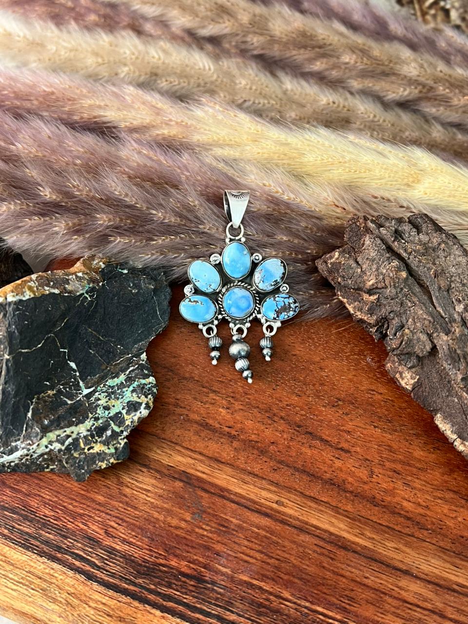 Handmade Sterling Silver Golden Hills Turquoise Beaded Pendant "Signed Nizhoni"