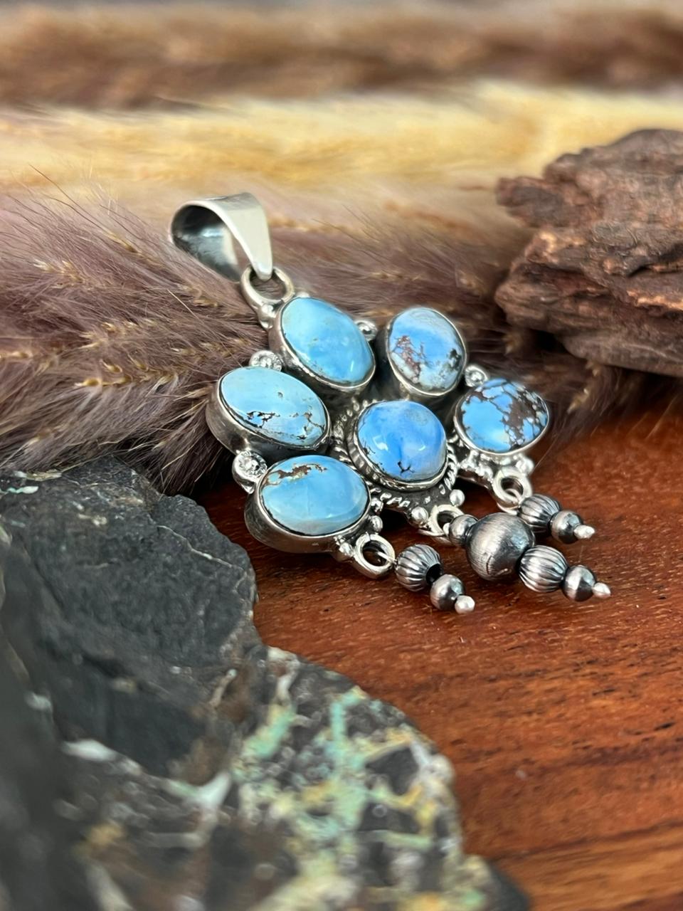 Handmade Sterling Silver Golden Hills Turquoise Beaded Pendant "Signed Nizhoni"