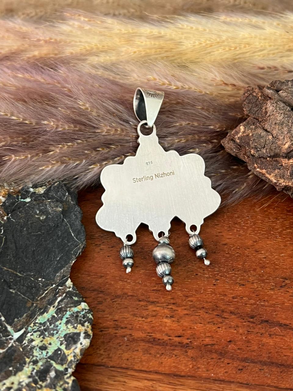 Handmade Sterling Silver Golden Hills Turquoise Beaded Pendant "Signed Nizhoni"