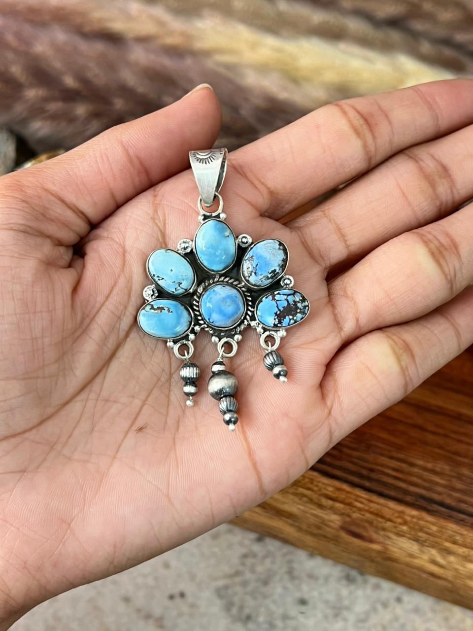 Handmade Sterling Silver Golden Hills Turquoise Beaded Pendant "Signed Nizhoni"