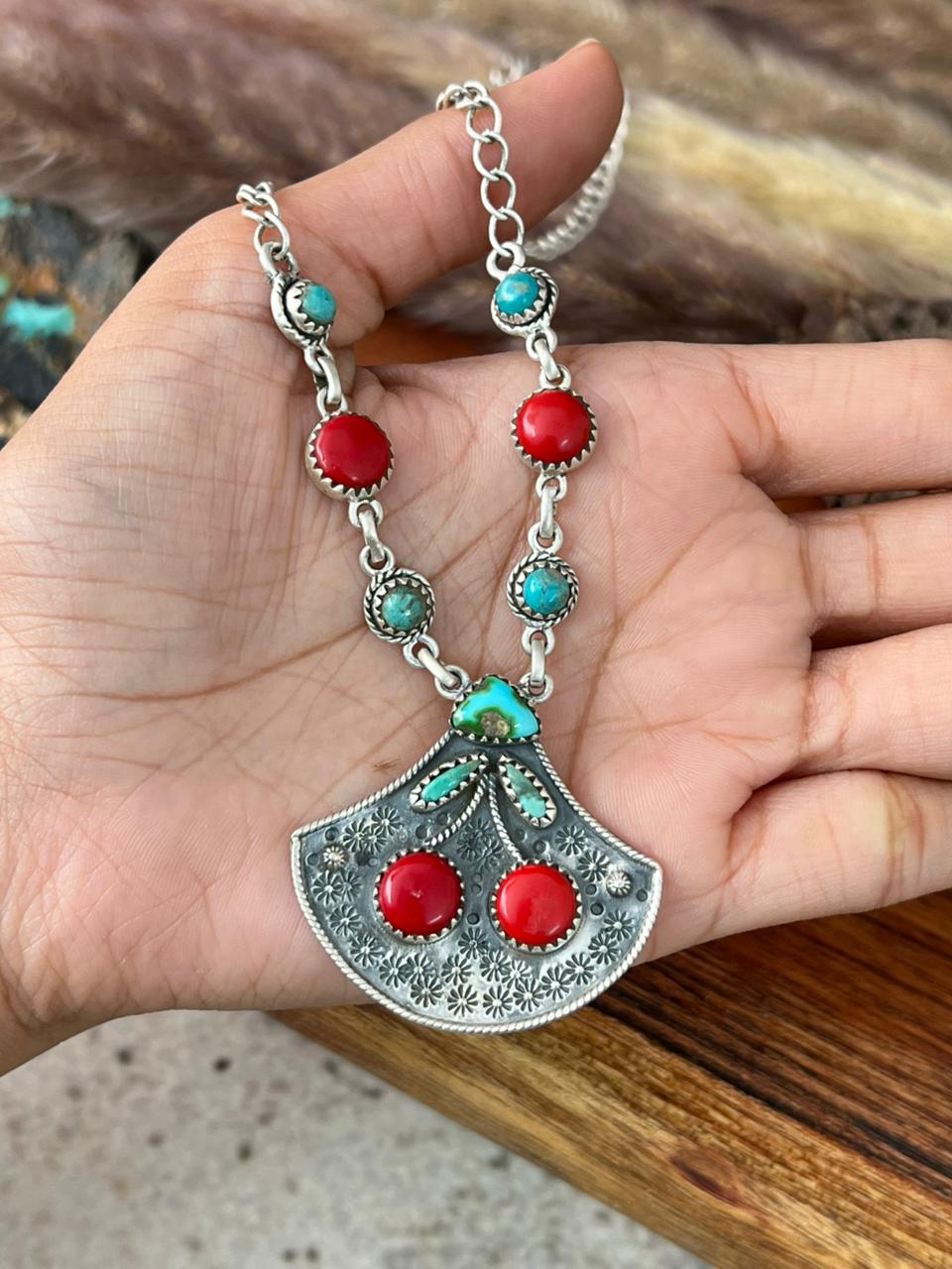 Handmade Sterling Silver Rosarita with Kingman and Sonoran Mountain Turquoise Cherry Necklace "Signed Nizhoni"