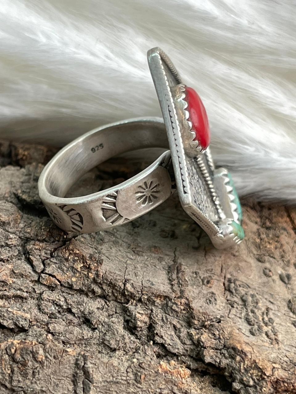 Handmade Sterling Silver Rosarita with Kingman Turquoise Cherry Adjustable Ring "Signed Nizhoni"