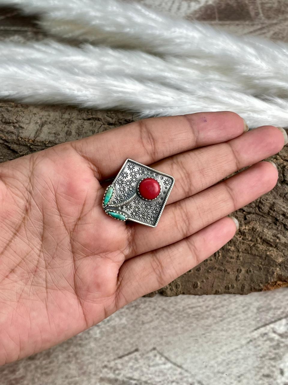 Handmade Sterling Silver Rosarita with Kingman Turquoise Cherry Adjustable Ring "Signed Nizhoni"
