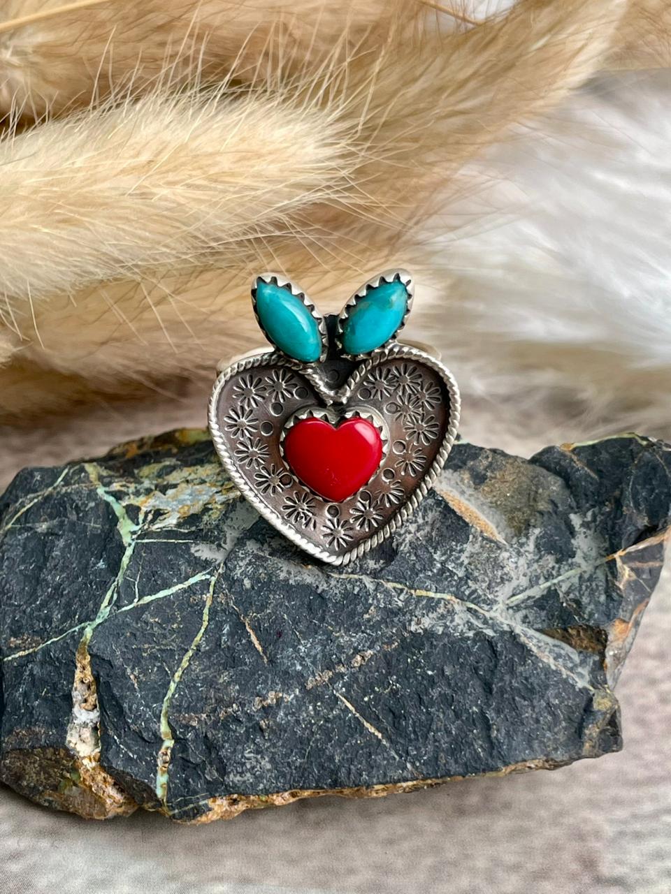 Handmade Sterling Silver Rosarita with Kingman Turquoise Cherry Adjustable Ring "Signed Nizhoni"