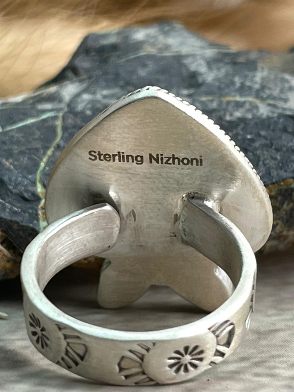 Handmade Sterling Silver Rosarita with Kingman Turquoise Cherry Adjustable Ring "Signed Nizhoni"