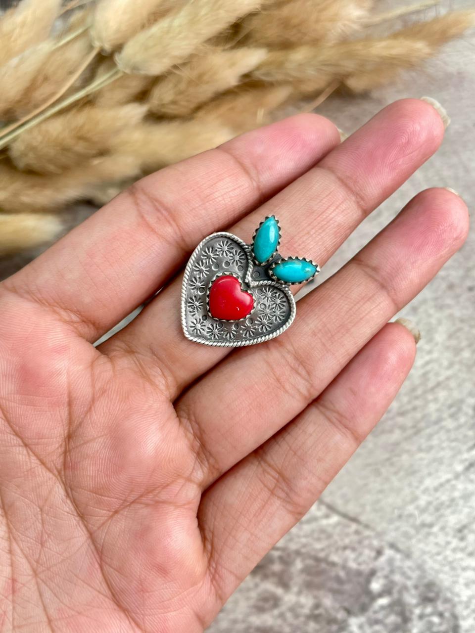 Handmade Sterling Silver Rosarita with Kingman Turquoise Cherry Adjustable Ring "Signed Nizhoni"