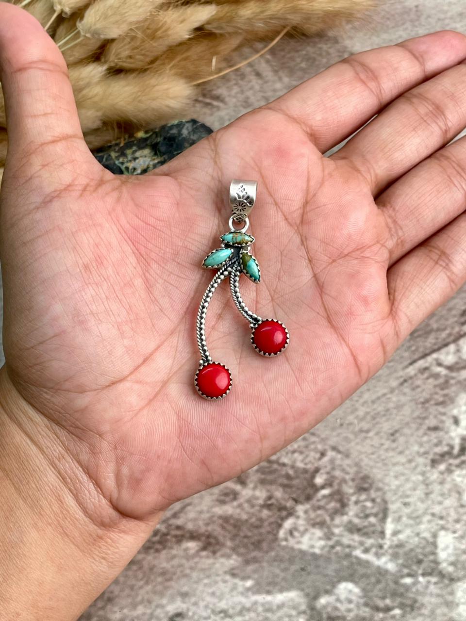 Handmade Sterling Silver Rosarita with Kingman Turquoise Cherry Pendant "Signed Nizhoni"