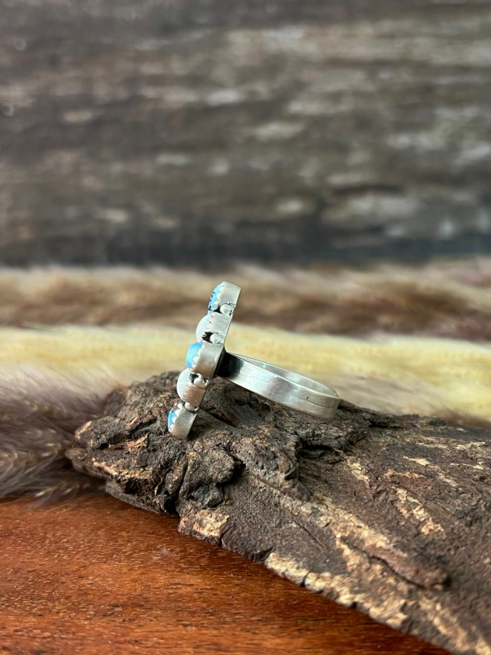 Handmade Sterling Silver Canyon Sunset Collection: Golden Hills Turquoise with White Buffalo Adjustable Ring "Signed Nizhoni"