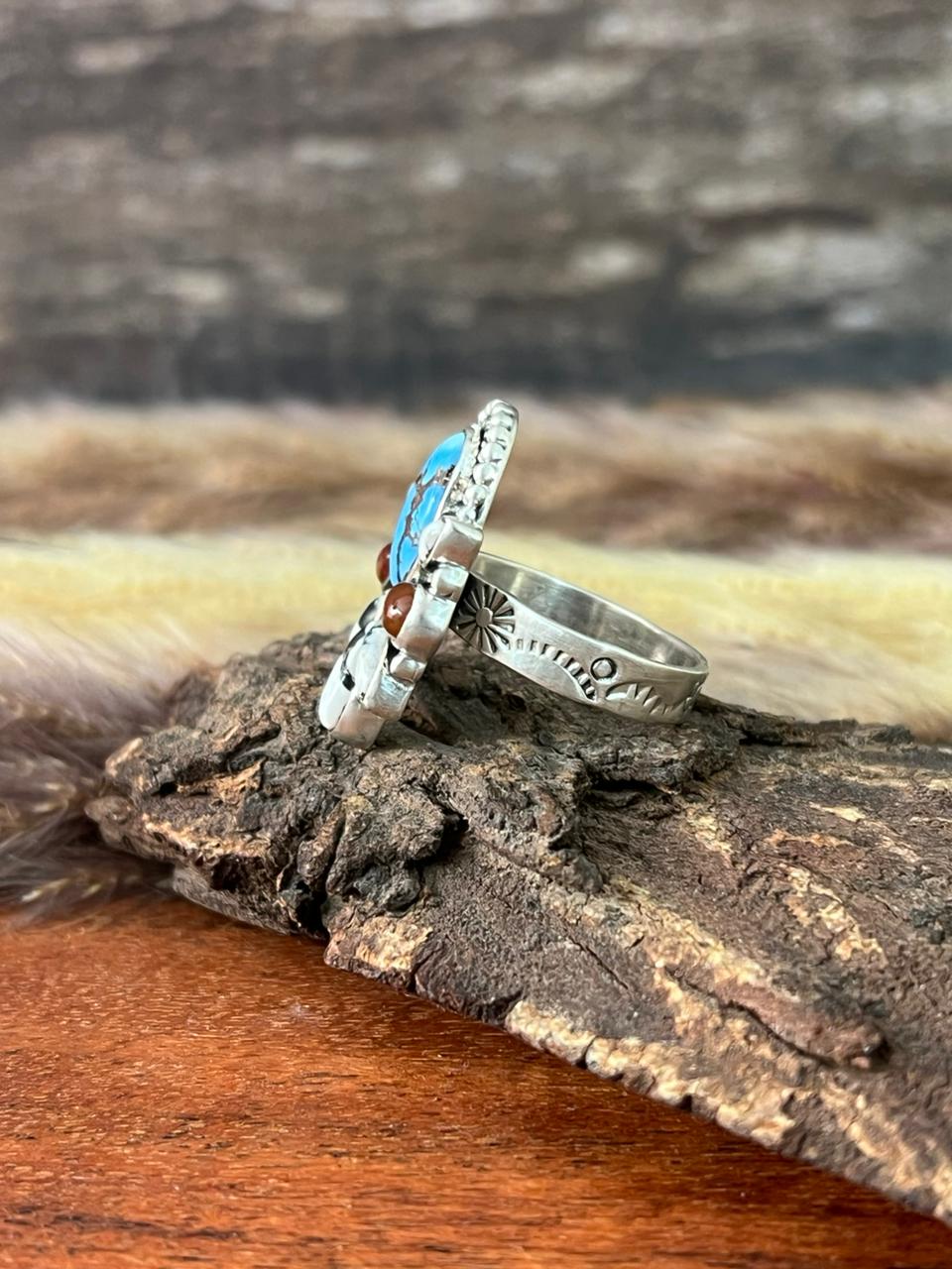 Handmade Sterling Silver Canyon Sunset Collection: Golden Hills Turquoise with White Buffalo and Carnelian Adjustable Ring "Signed Nizhoni"