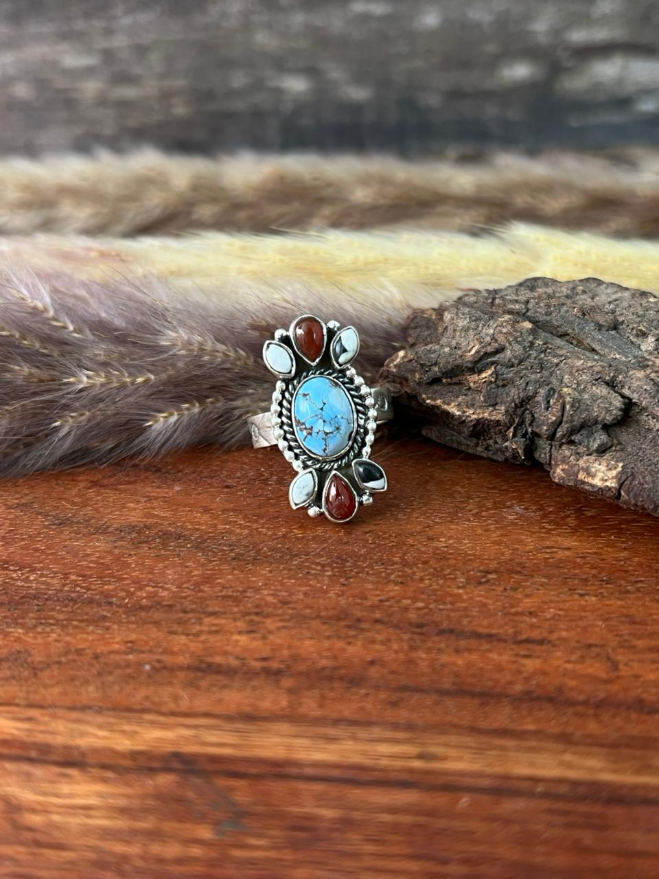 Handmade Sterling Silver Canyon Sunset Collection: Golden Hills Turquoise with White Buffalo and Carnelian Adjustable Ring "Signed Nizhoni"