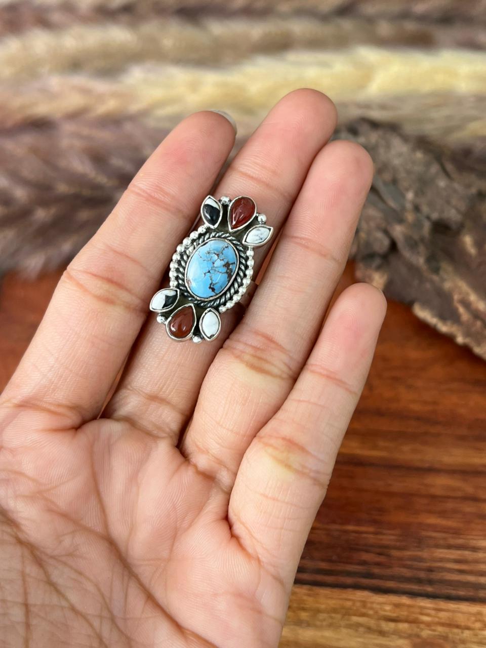 Handmade Sterling Silver Canyon Sunset Collection: Golden Hills Turquoise with White Buffalo and Carnelian Adjustable Ring "Signed Nizhoni"