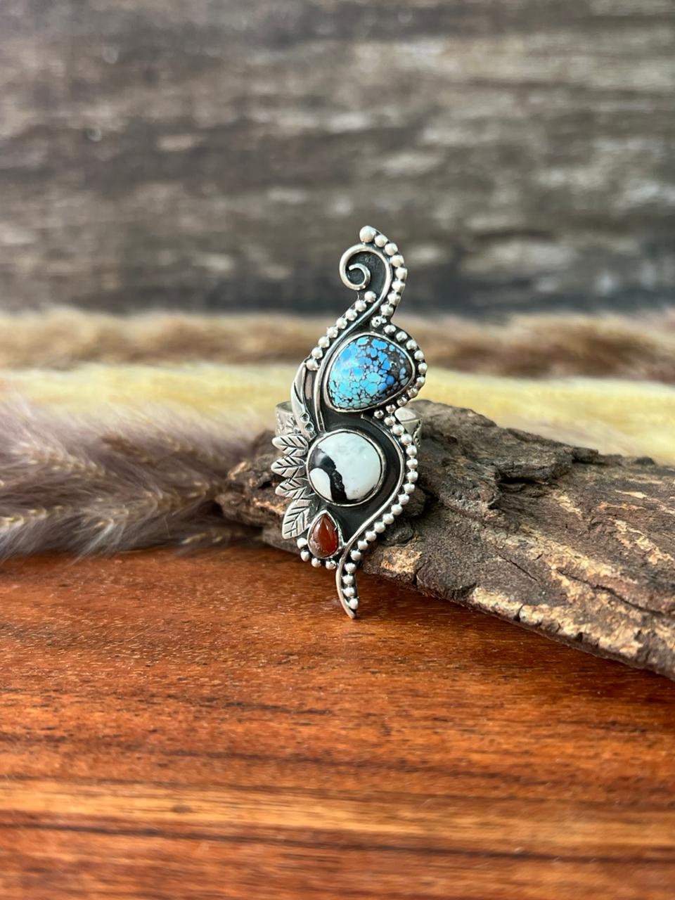 Handmade Sterling Silver Canyon Sunset Collection: Golden Hills Turquoise with White Buffalo and Carnelian Adjustable Ring "Signed Nizhoni"