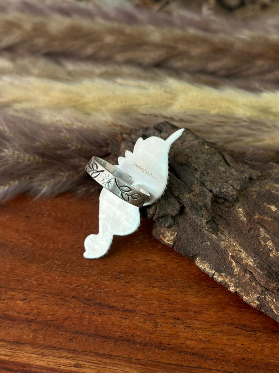 Handmade Sterling Silver Canyon Sunset Collection: Golden Hills Turquoise with White Buffalo and Carnelian Adjustable Ring "Signed Nizhoni"