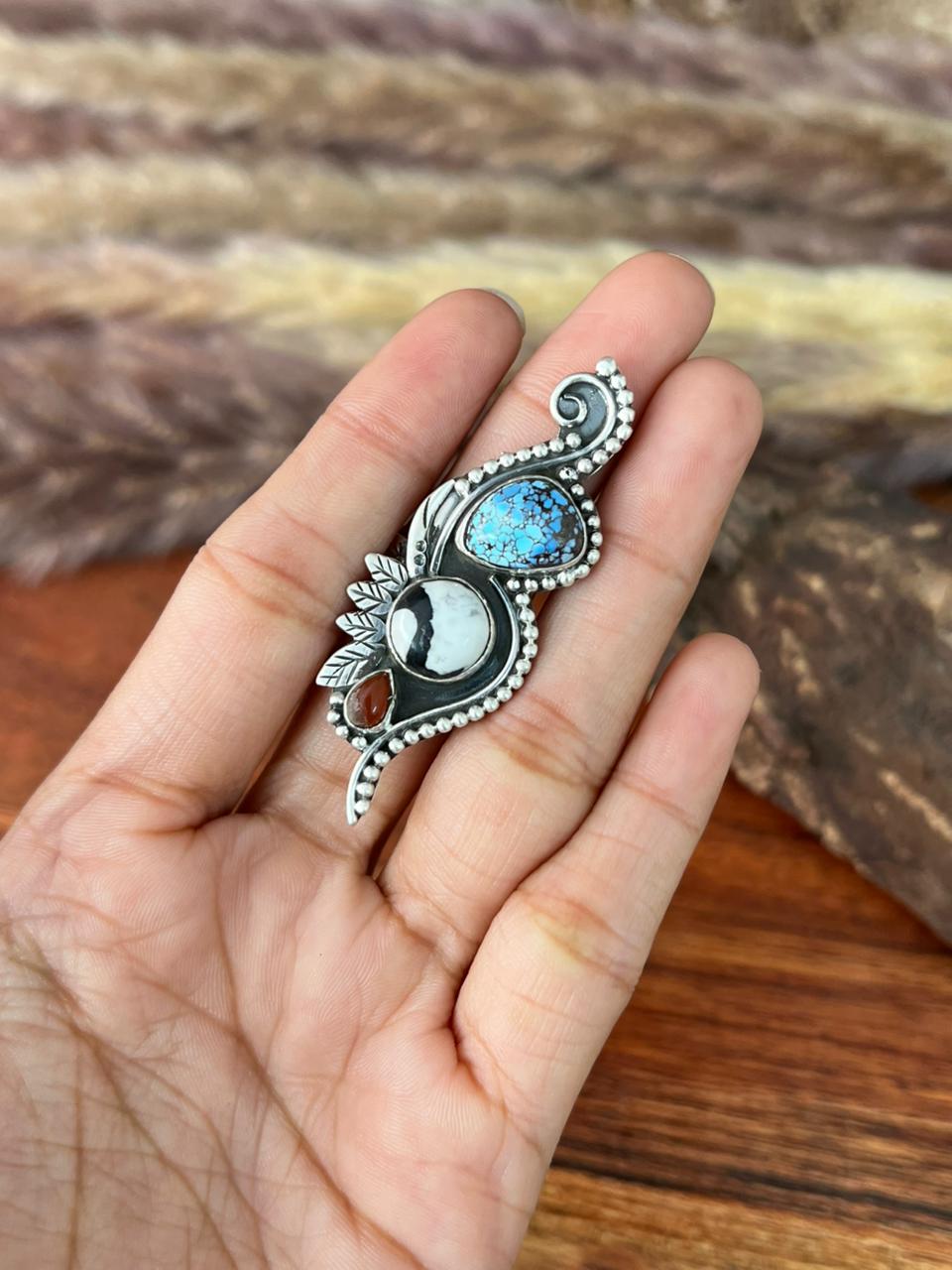 Handmade Sterling Silver Canyon Sunset Collection: Golden Hills Turquoise with White Buffalo and Carnelian Adjustable Ring "Signed Nizhoni"