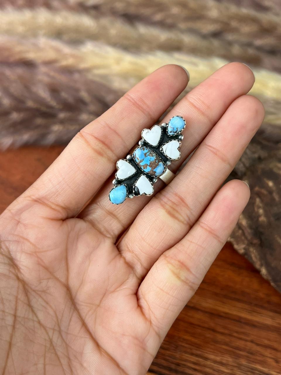 Handmade Sterling Silver Canyon Sunset Collection: Golden Hills Turquoise with White Buffalo Adjustable Ring "Signed Nizhoni"
