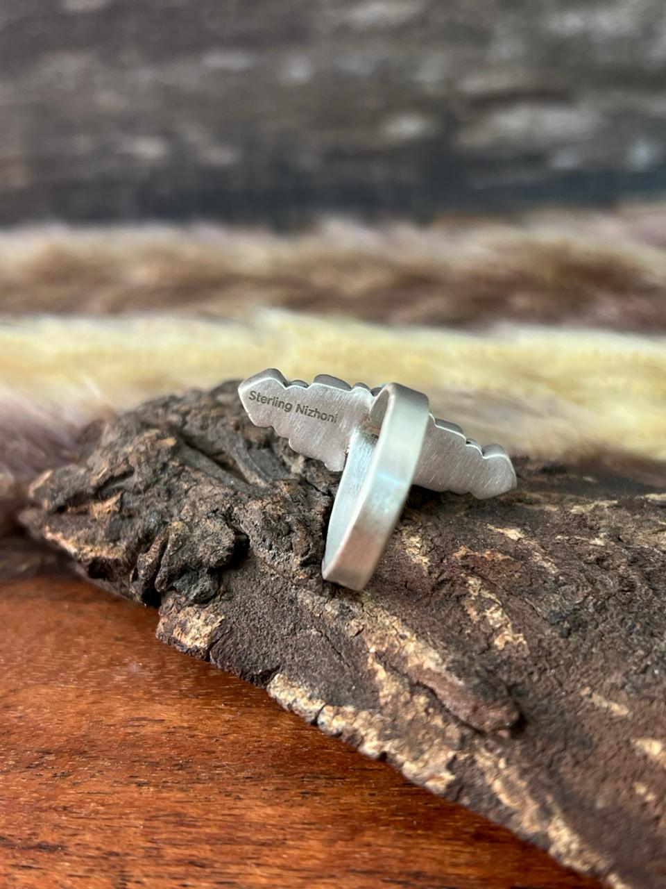 Handmade Sterling Silver Canyon Sunset Collection: Golden Hills Turquoise with White Buffalo Adjustable Ring "Signed Nizhoni"