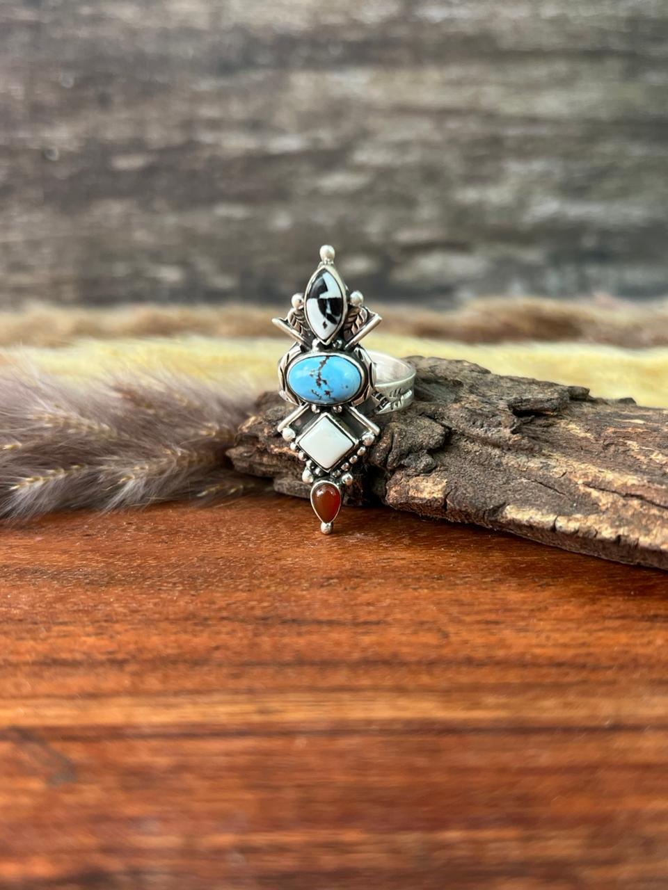 Handmade Sterling Silver Canyon Sunset Collection: Golden Hills Turquoise with White Buffalo and Carnelian Adjustable Ring "Signed Nizhoni"