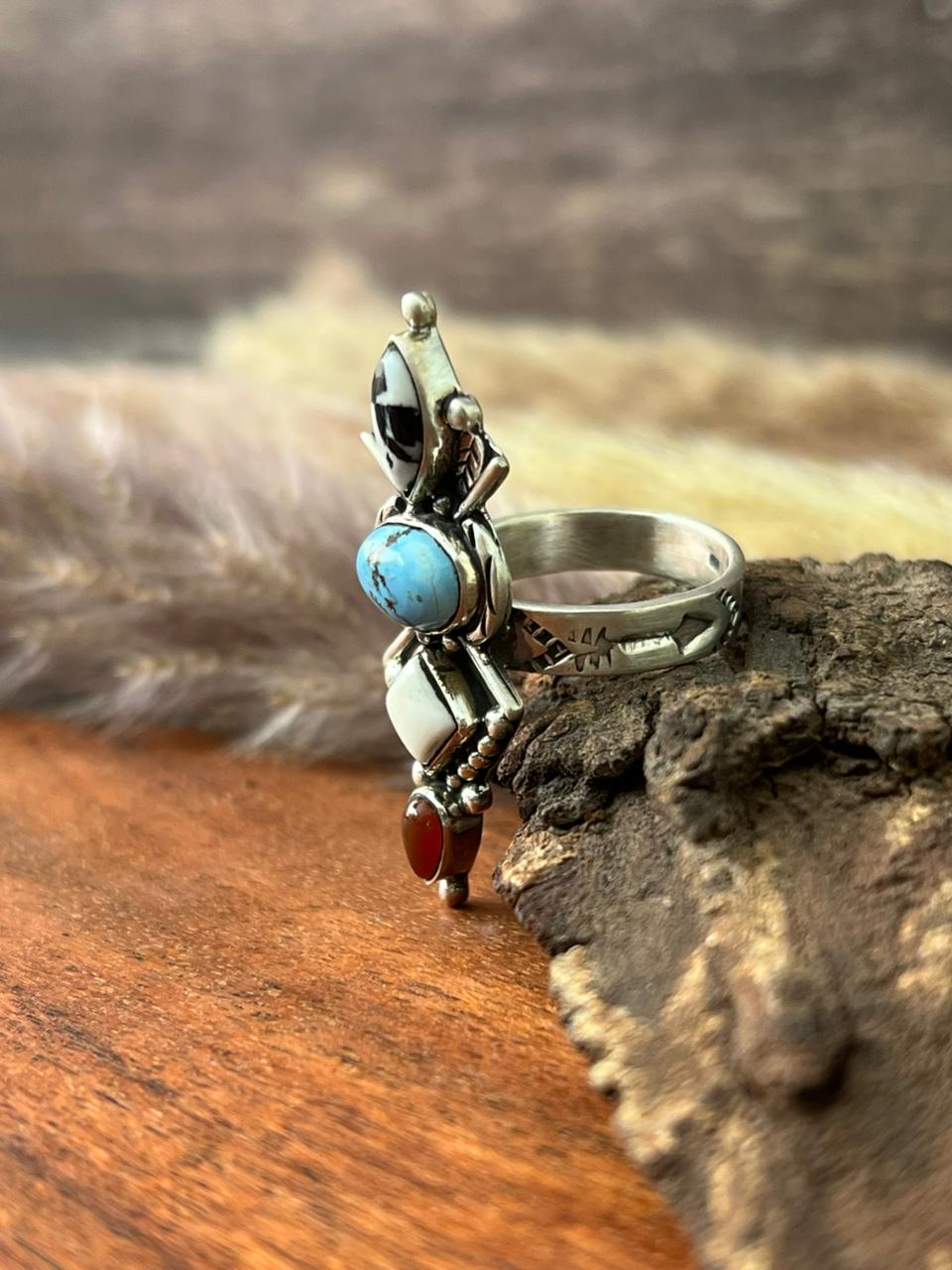 Handmade Sterling Silver Canyon Sunset Collection: Golden Hills Turquoise with White Buffalo and Carnelian Adjustable Ring "Signed Nizhoni"