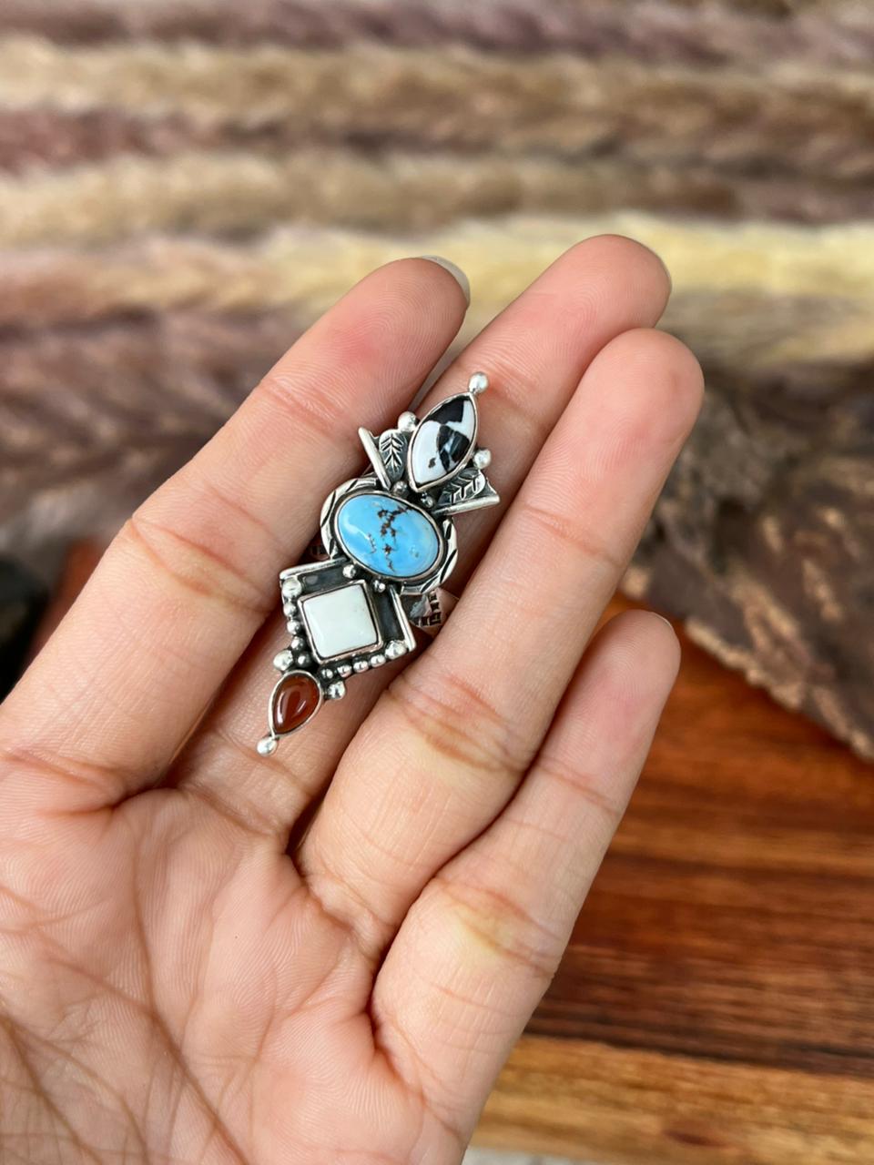 Handmade Sterling Silver Canyon Sunset Collection: Golden Hills Turquoise with White Buffalo and Carnelian Adjustable Ring "Signed Nizhoni"