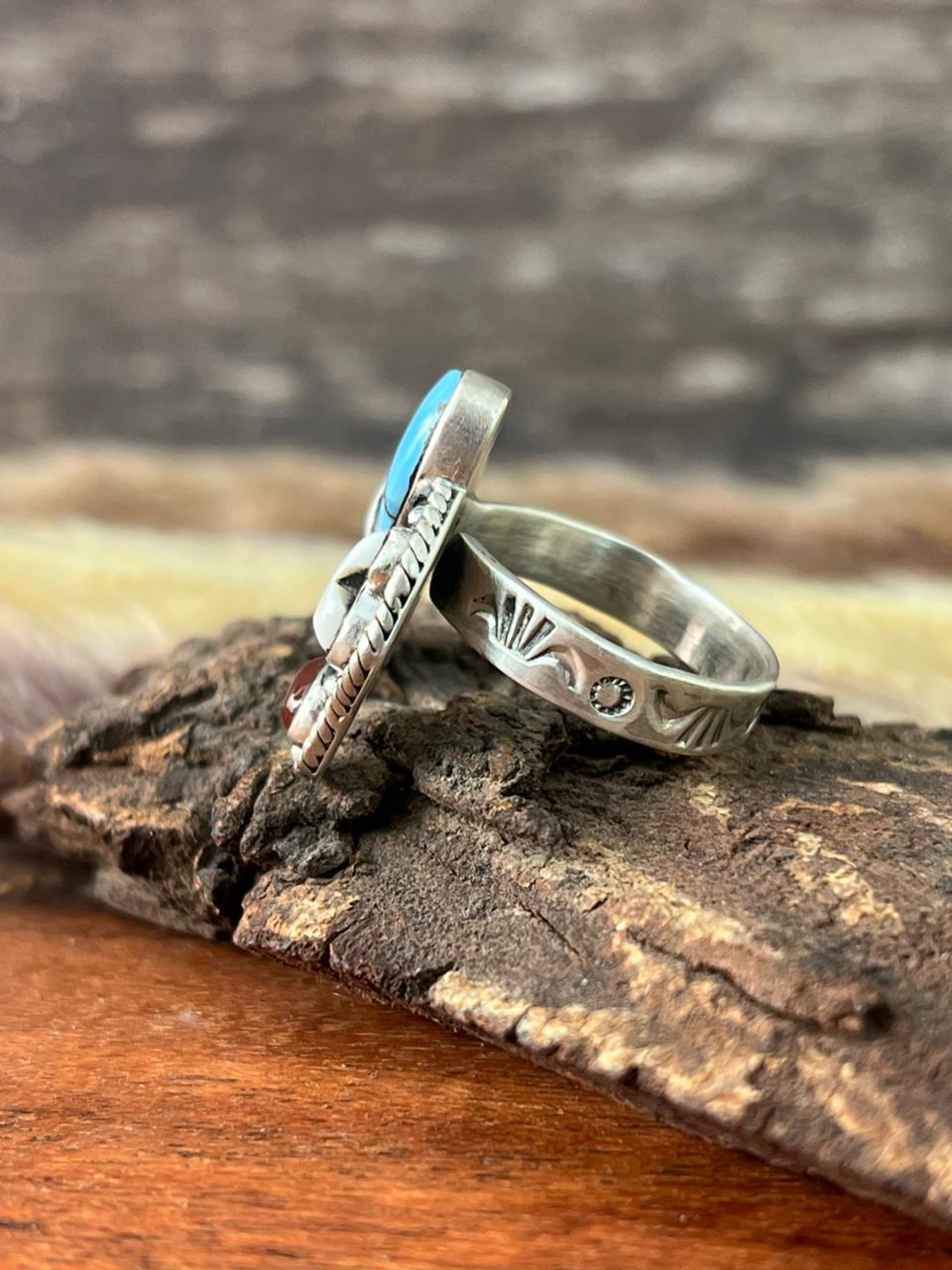 Handmade Sterling Silver Canyon Sunset Collection: Golden Hills Turquoise with White Buffalo and Carnelian Adjustable Naja Ring "Signed Nizhoni"