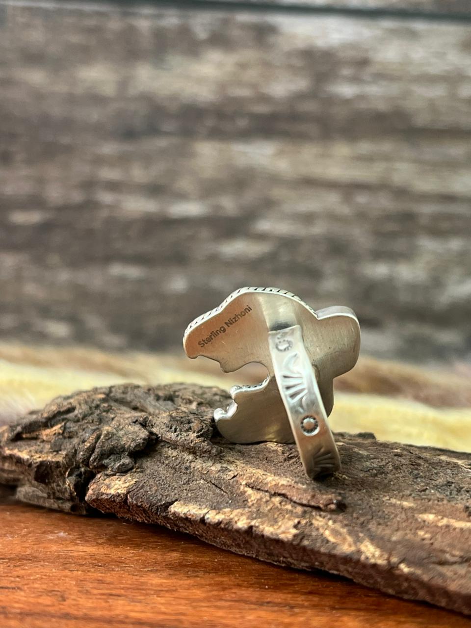 Handmade Sterling Silver Canyon Sunset Collection: Golden Hills Turquoise with White Buffalo and Carnelian Adjustable Naja Ring "Signed Nizhoni"