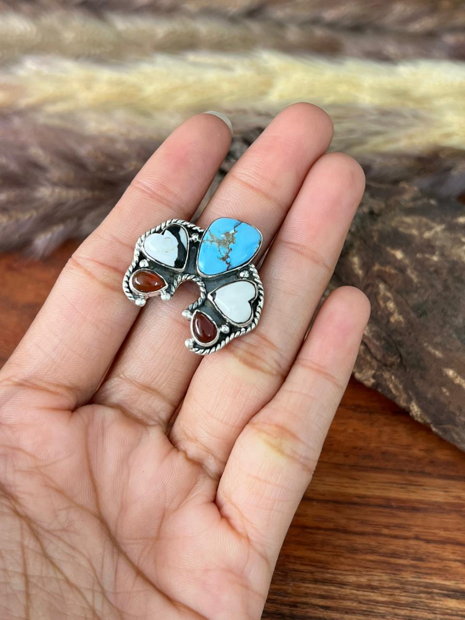 Handmade Sterling Silver Canyon Sunset Collection: Golden Hills Turquoise with White Buffalo and Carnelian Adjustable Naja Ring "Signed Nizhoni"