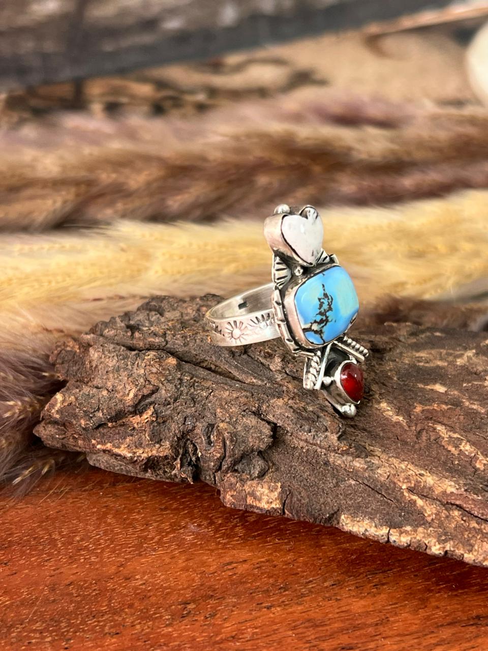 Handmade Sterling Silver Canyon Sunset Collection: Golden Hills Turquoise with White Buffalo and Carnelian Adjustable Ring "Signed Nizhoni"