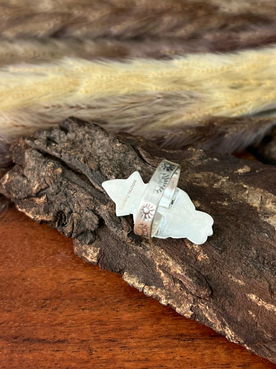 Handmade Sterling Silver Canyon Sunset Collection: Golden Hills Turquoise with White Buffalo and Carnelian Adjustable Ring "Signed Nizhoni"