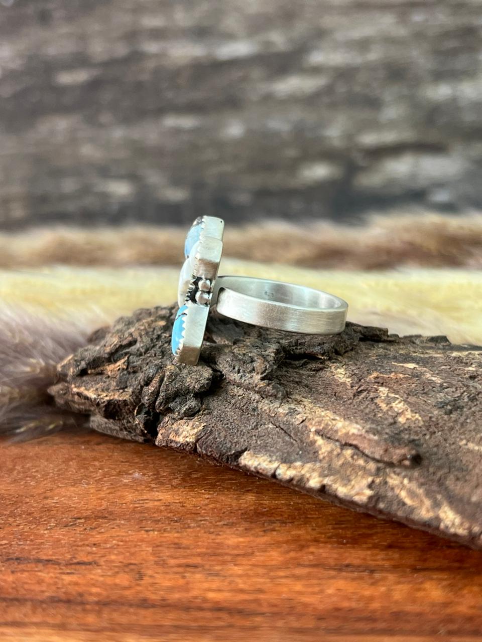 Handmade Sterling Silver Canyon Sunset Collection: Golden Hills Turquoise with White Buffalo Adjustable Ring "Signed Nizhoni"