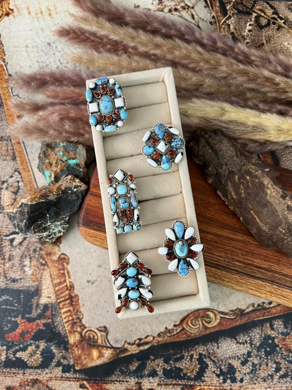 Handmade Sterling Silver Canyon Sunset Collection: Golden Hills Turquoise with White Buffalo and Carnelian Adjustable Ring "Signed Nizhoni"