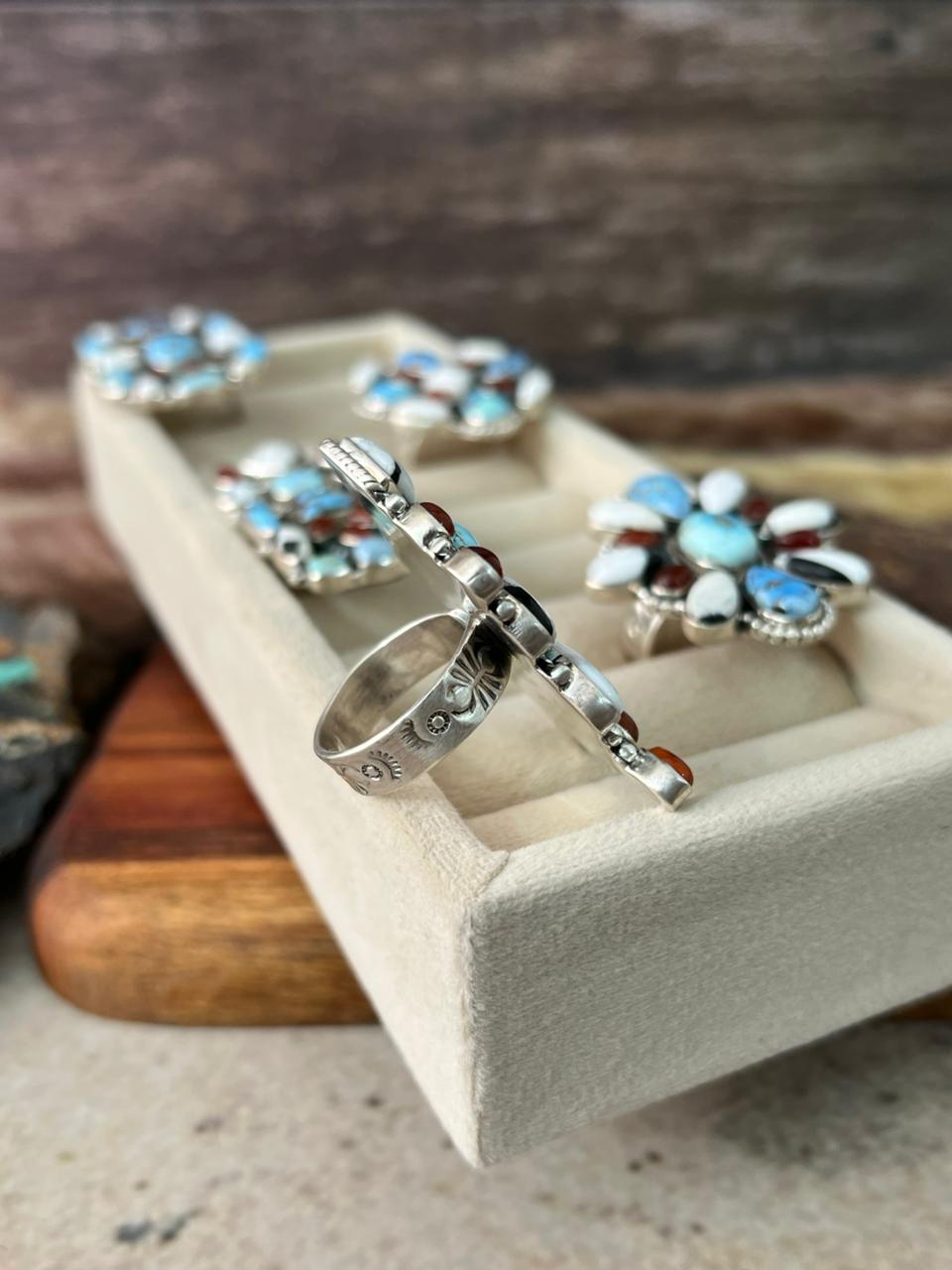 Handmade Sterling Silver Canyon Sunset Collection: Golden Hills Turquoise with White Buffalo and Carnelian Adjustable Ring "Signed Nizhoni"