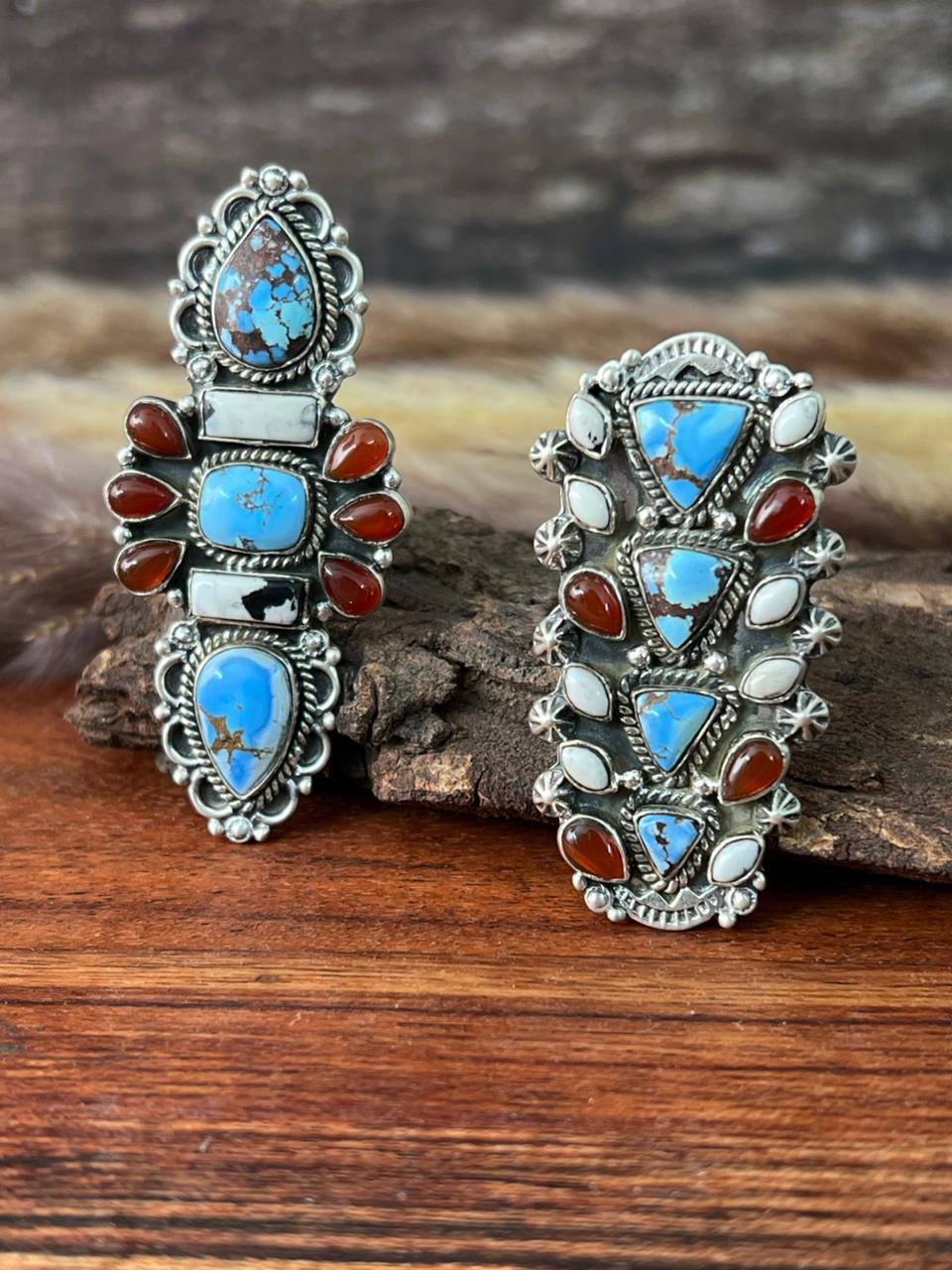 Handmade Sterling Silver Canyon Sunset Collection: Golden Hills Turquoise with White Buffalo and Carnelian Adjustable Ring "Signed Nizhoni"