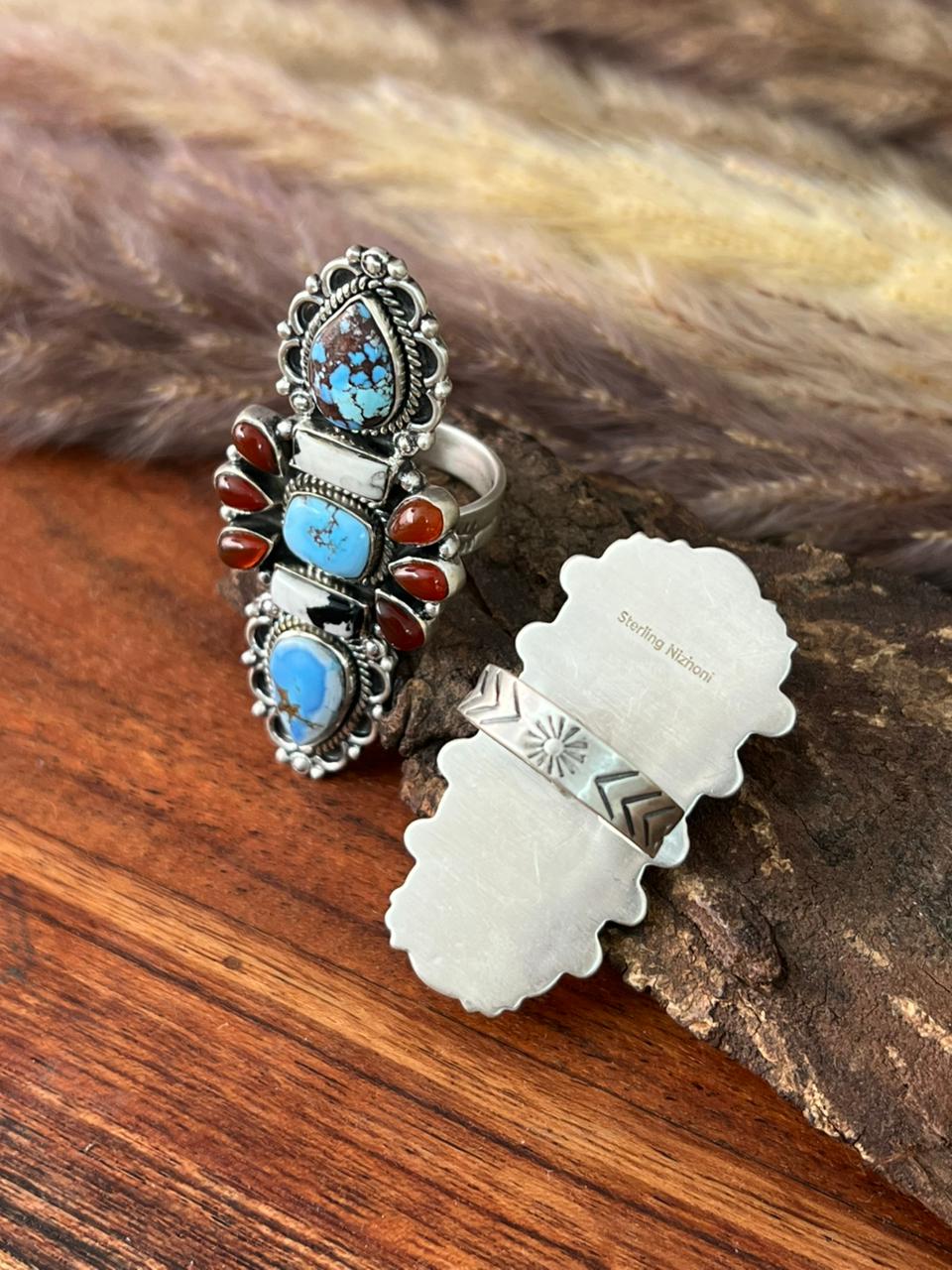 Handmade Sterling Silver Canyon Sunset Collection: Golden Hills Turquoise with White Buffalo and Carnelian Adjustable Ring "Signed Nizhoni"