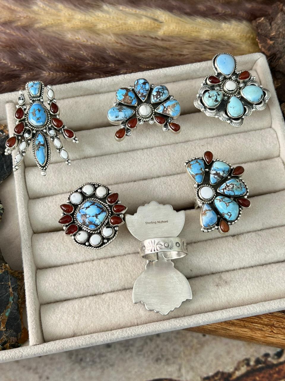 Handmade Sterling Silver Canyon Sunset Collection: Golden Hills Turquoise with White Buffalo and Carnelian Adjustable Ring "Signed Nizhoni"