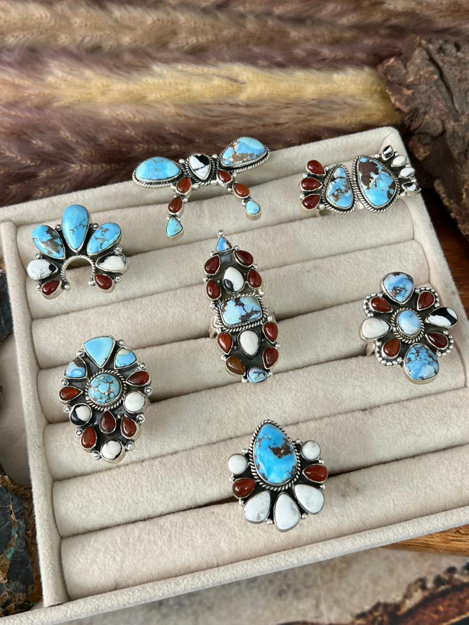 Handmade Sterling Silver Canyon Sunset Collection: Golden Hills Turquoise with White Buffalo and Carnelian Adjustable Ring "Signed Nizhoni"