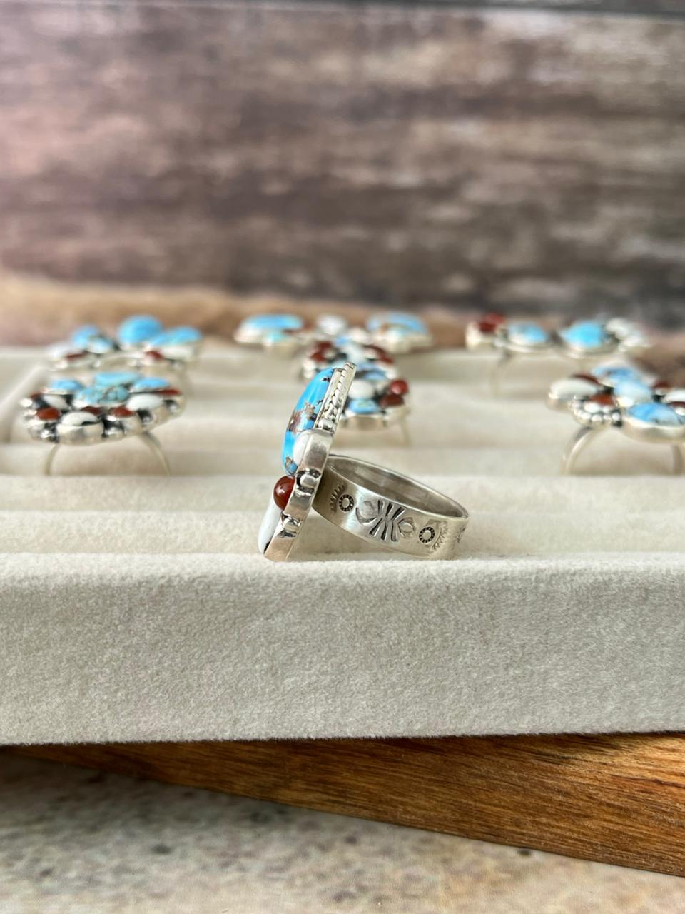 Handmade Sterling Silver Canyon Sunset Collection: Golden Hills Turquoise with White Buffalo and Carnelian Adjustable Ring "Signed Nizhoni"