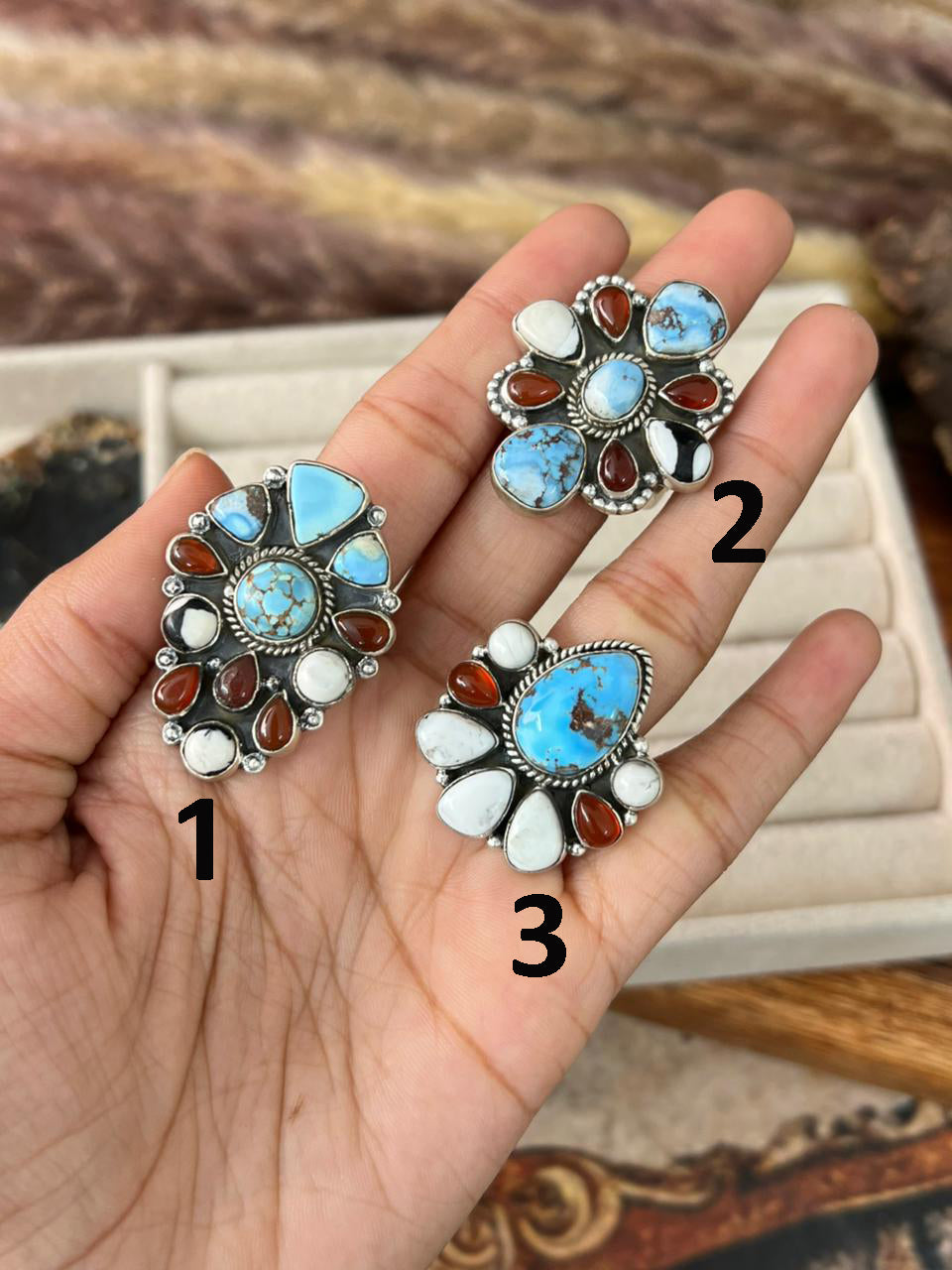 Handmade Sterling Silver Canyon Sunset Collection: Golden Hills Turquoise with White Buffalo and Carnelian Adjustable Ring "Signed Nizhoni"
