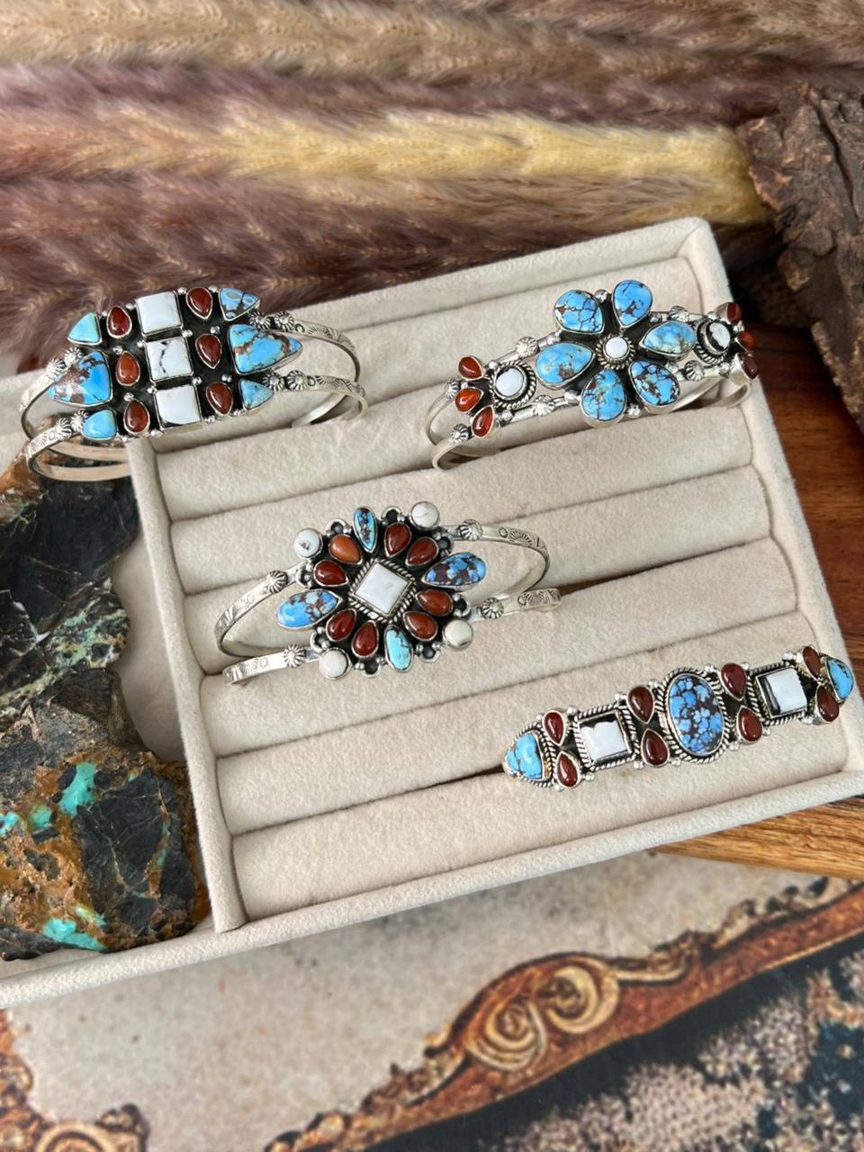 Handmade Sterling Silver Canyon Sunset Collection: Golden Hills Turquoise with White Buffalo and Carnelian Cuff Bracelet "Signed Nizhoni"
