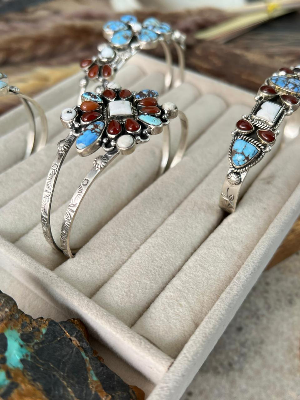 Handmade Sterling Silver Canyon Sunset Collection: Golden Hills Turquoise with White Buffalo and Carnelian Cuff Bracelet "Signed Nizhoni"