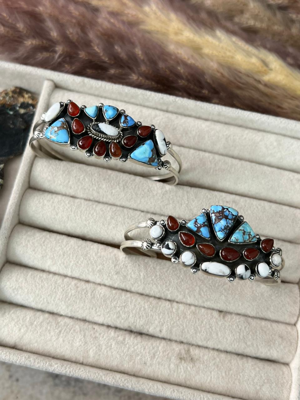 Handmade Sterling Silver Canyon Sunset Collection: Golden Hills Turquoise with White Buffalo and Carnelian Cuff Bracelet "Signed Nizhoni"