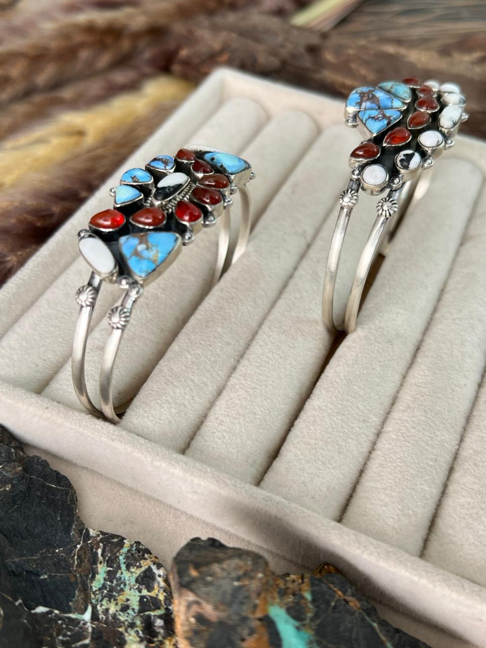 Handmade Sterling Silver Canyon Sunset Collection: Golden Hills Turquoise with White Buffalo and Carnelian Cuff Bracelet "Signed Nizhoni"